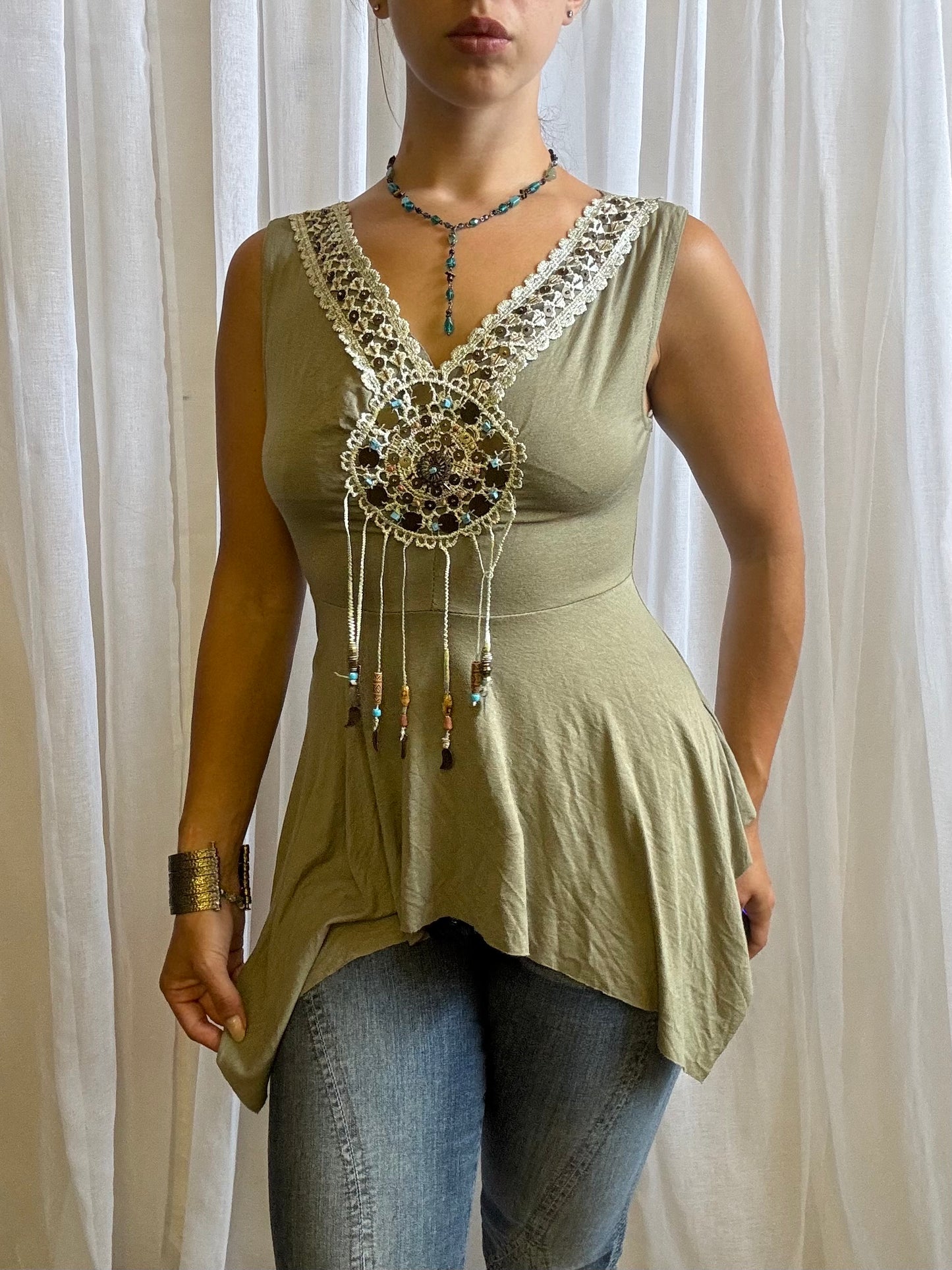 asymmetric hem fairy cami green crochet beaded size 10