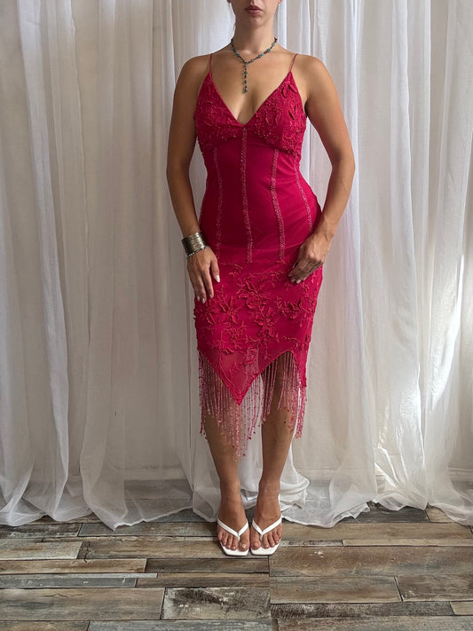 Yve London silk beaded midi dress pink size S