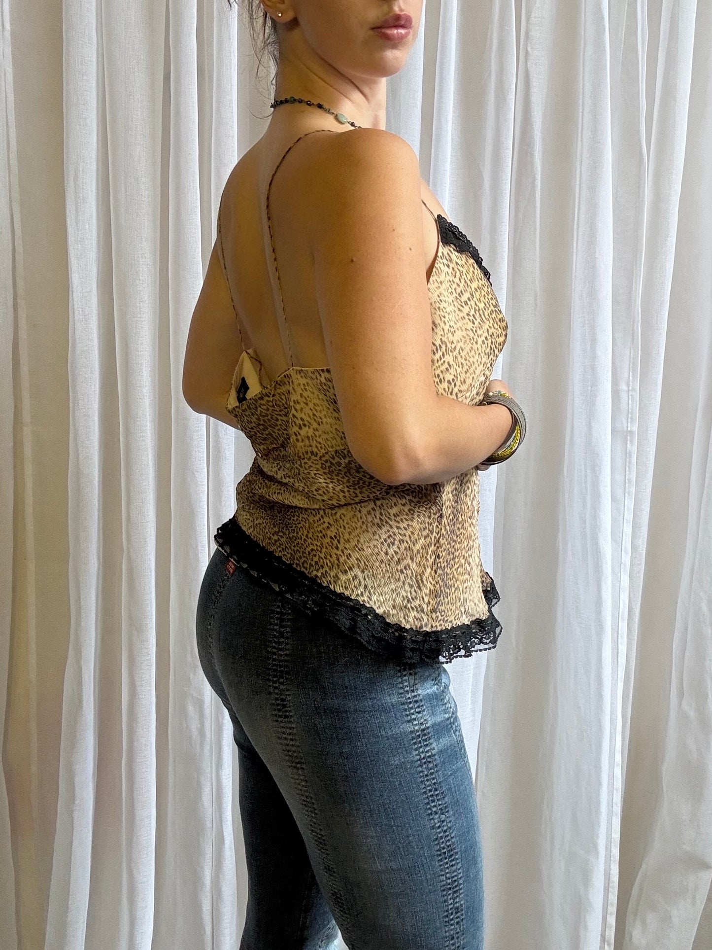 silk cami top animal print cream size L