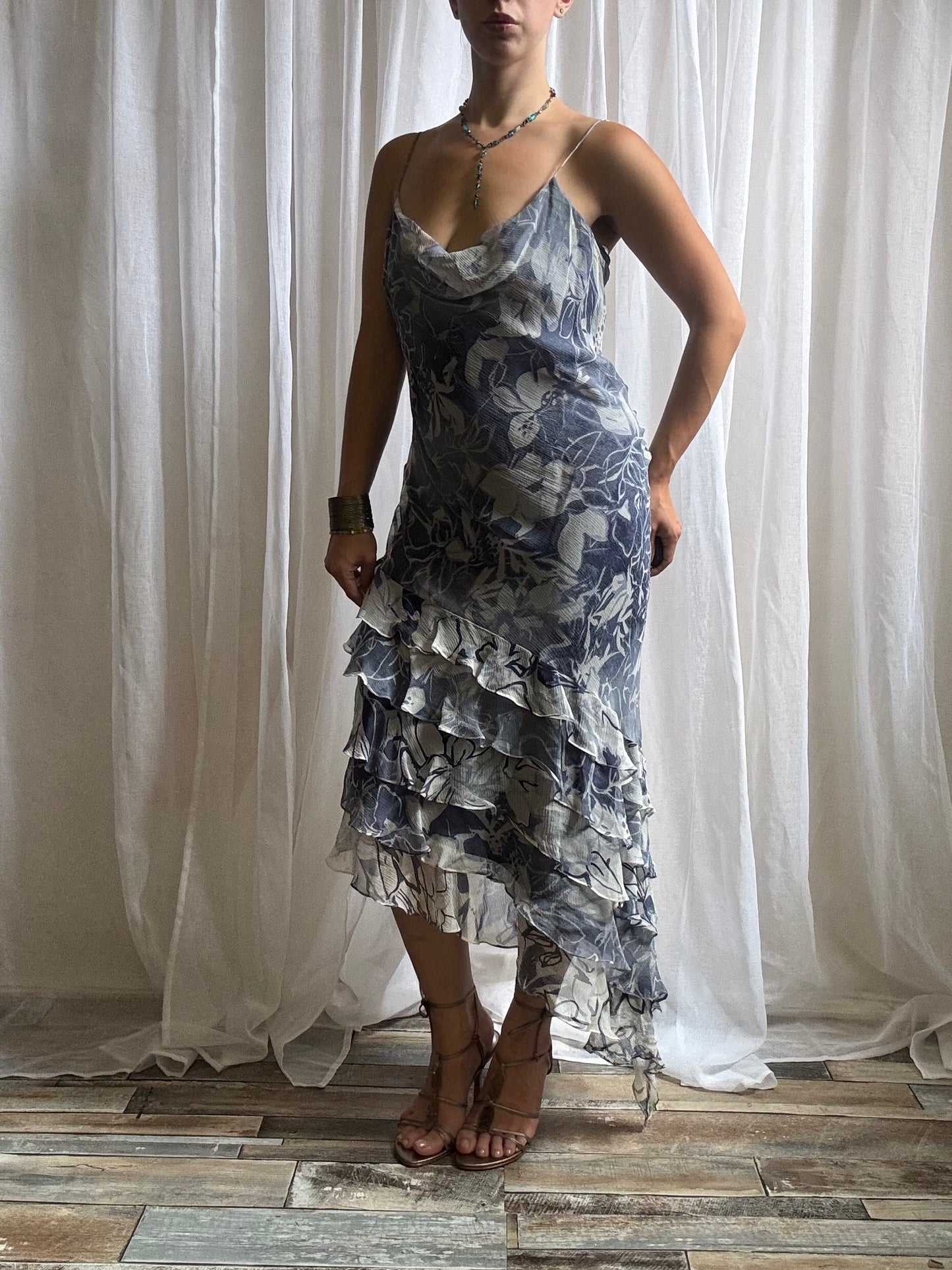 silk midi dress blue white floral cowl neckline asymmetric hem size 12