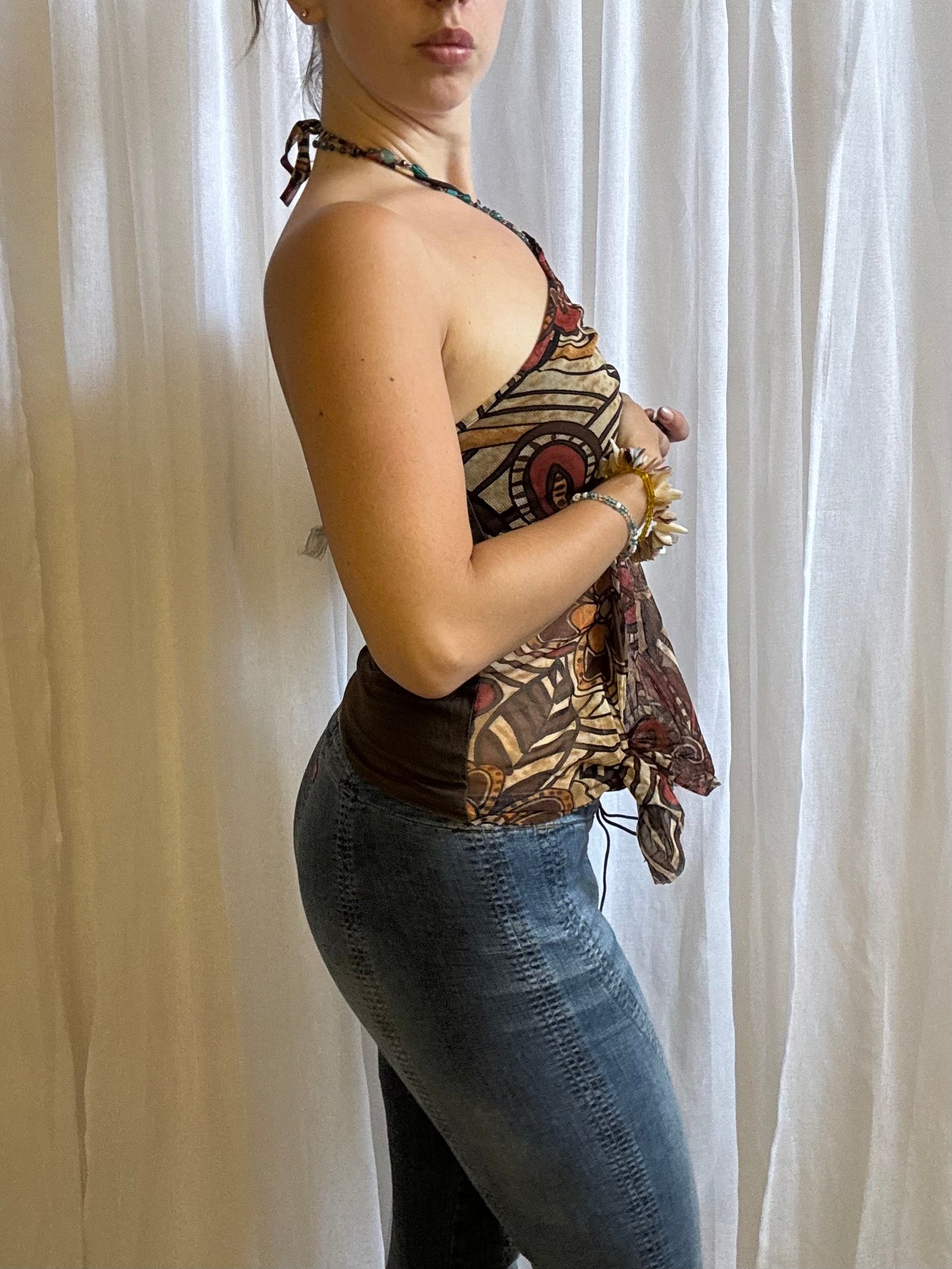 Italian halter top brown mesh floral size XS