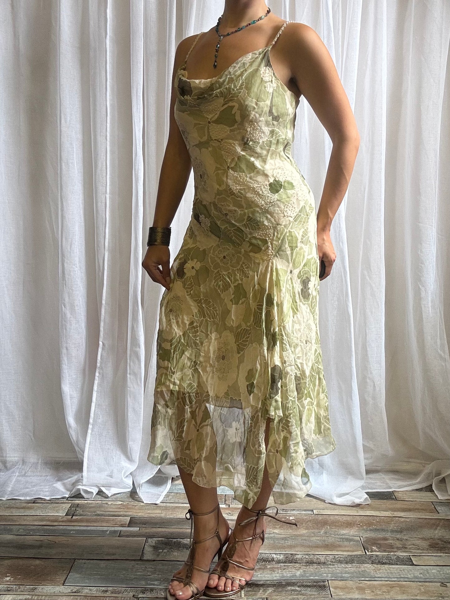 silk midi dress sage green cream floral cowl neckline beaded size 12