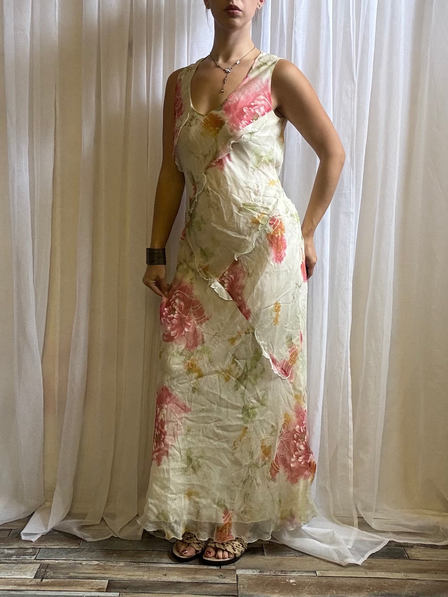 silk maxi dress cream pink floral size 12