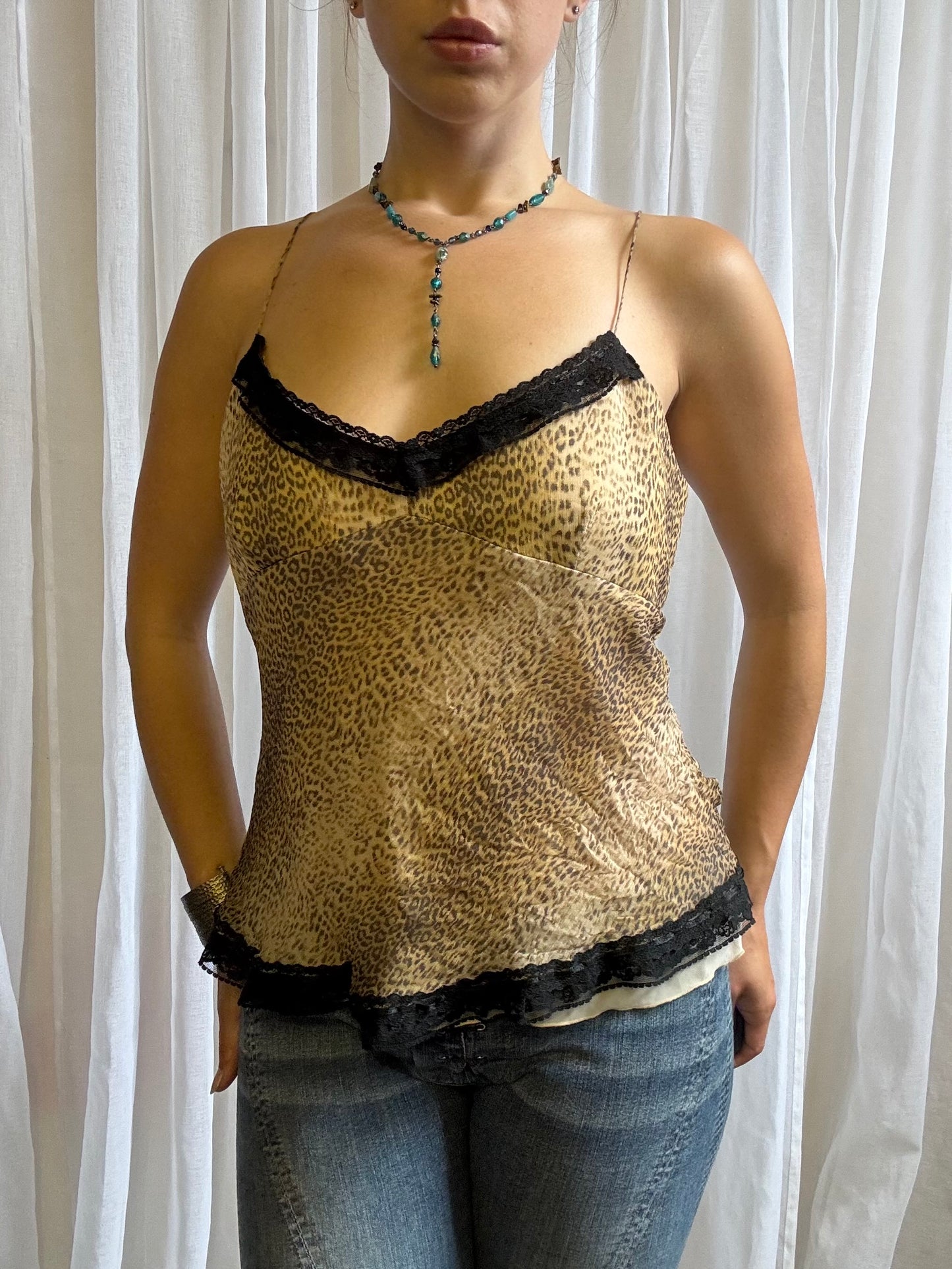 silk cami top animal print cream size L