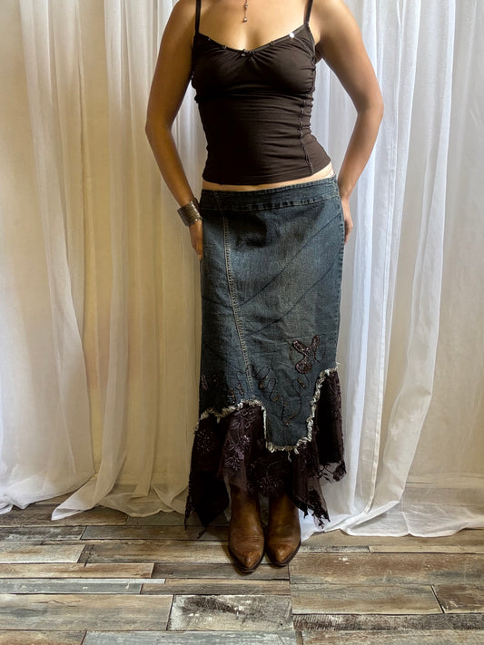 denim maxi skirt brown lace fairy hem size 14