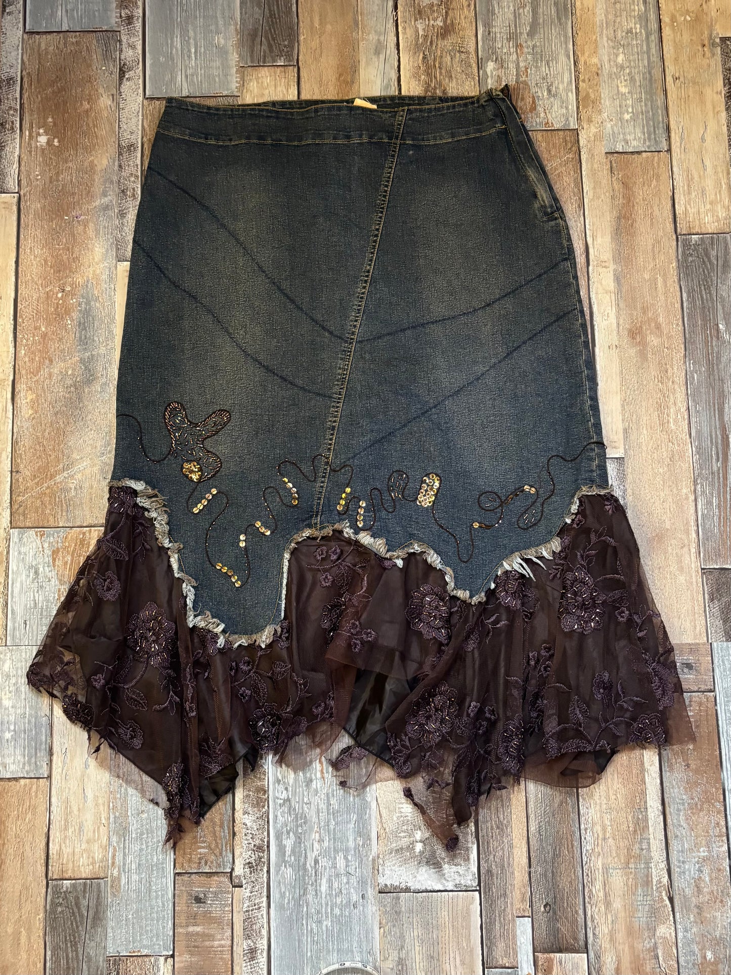 denim maxi skirt brown lace fairy hem size 14