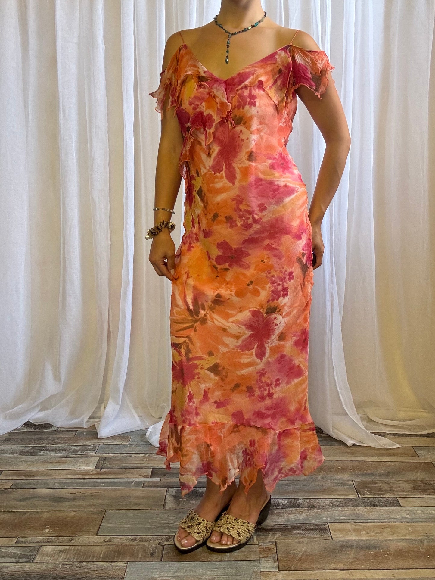 silk midi dress floral orange pink with scarf off shoulder size 12