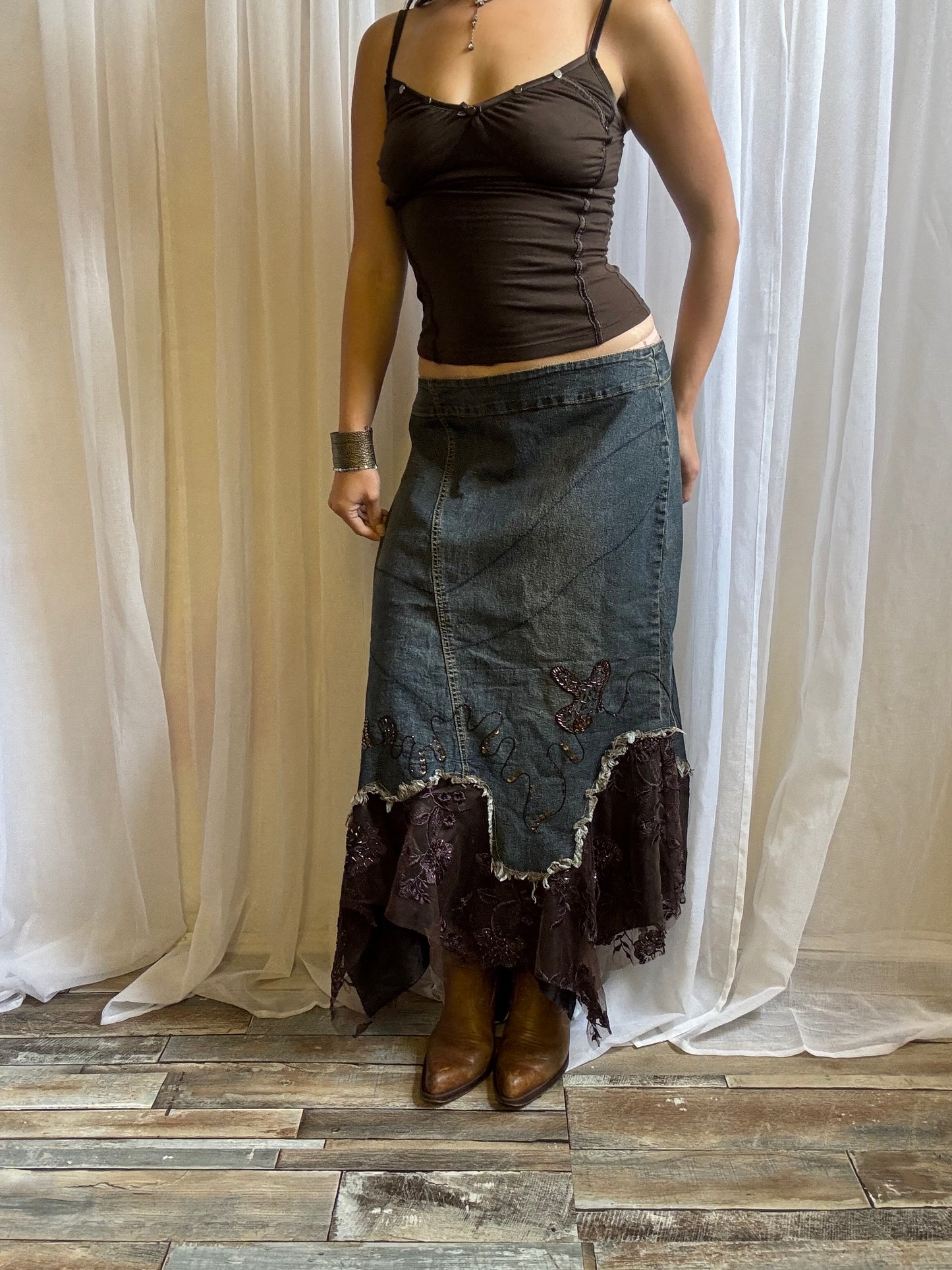 denim maxi skirt brown lace fairy hem size 14