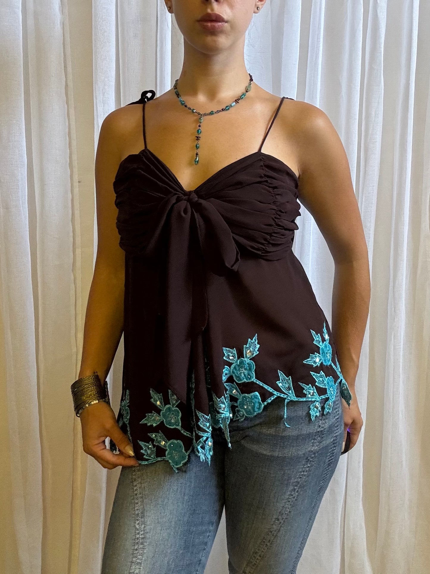 Lipsy cami top brown blue asymmetric hem beaded M / L