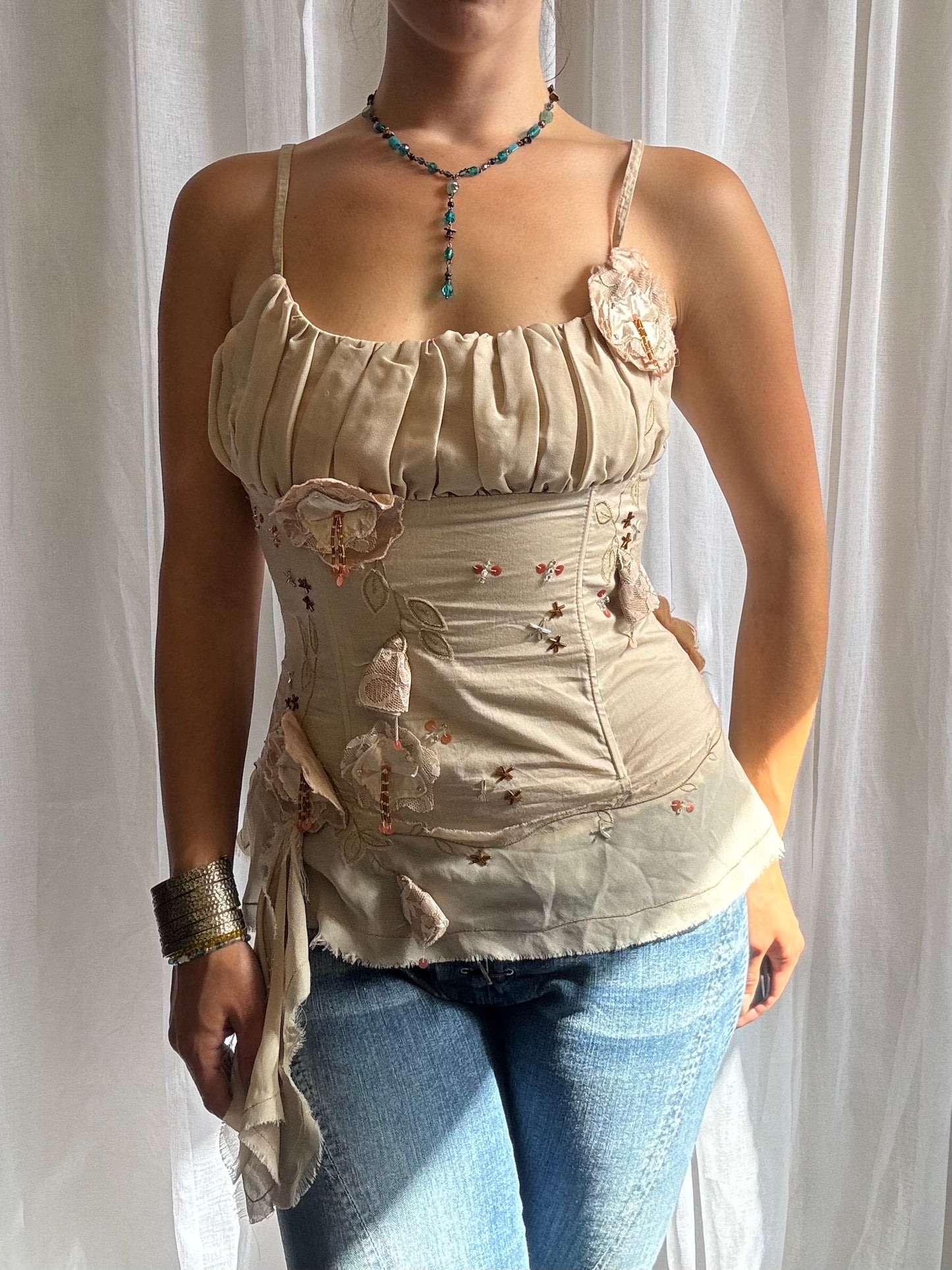 cream corset cami top floral appliqué ruched bust size 10 - 12