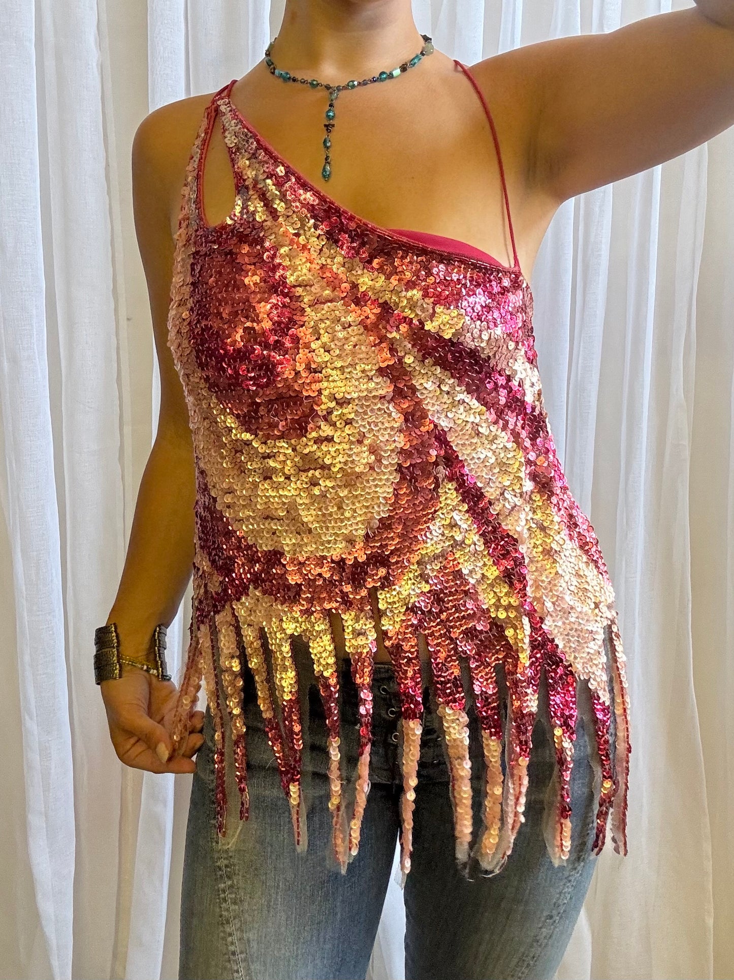pink sequin covered cami backless asymmetric hem 12-14