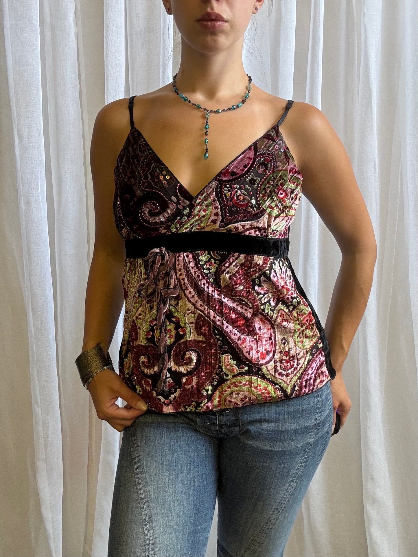 velvet cami top black pink paisley pattern size L