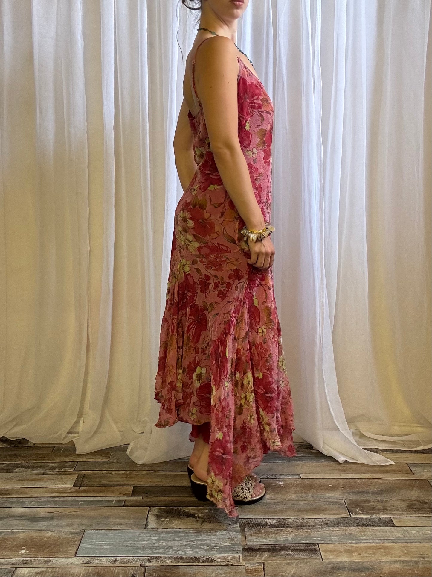 silk dress red pink floral fairy hem size 12 - 14